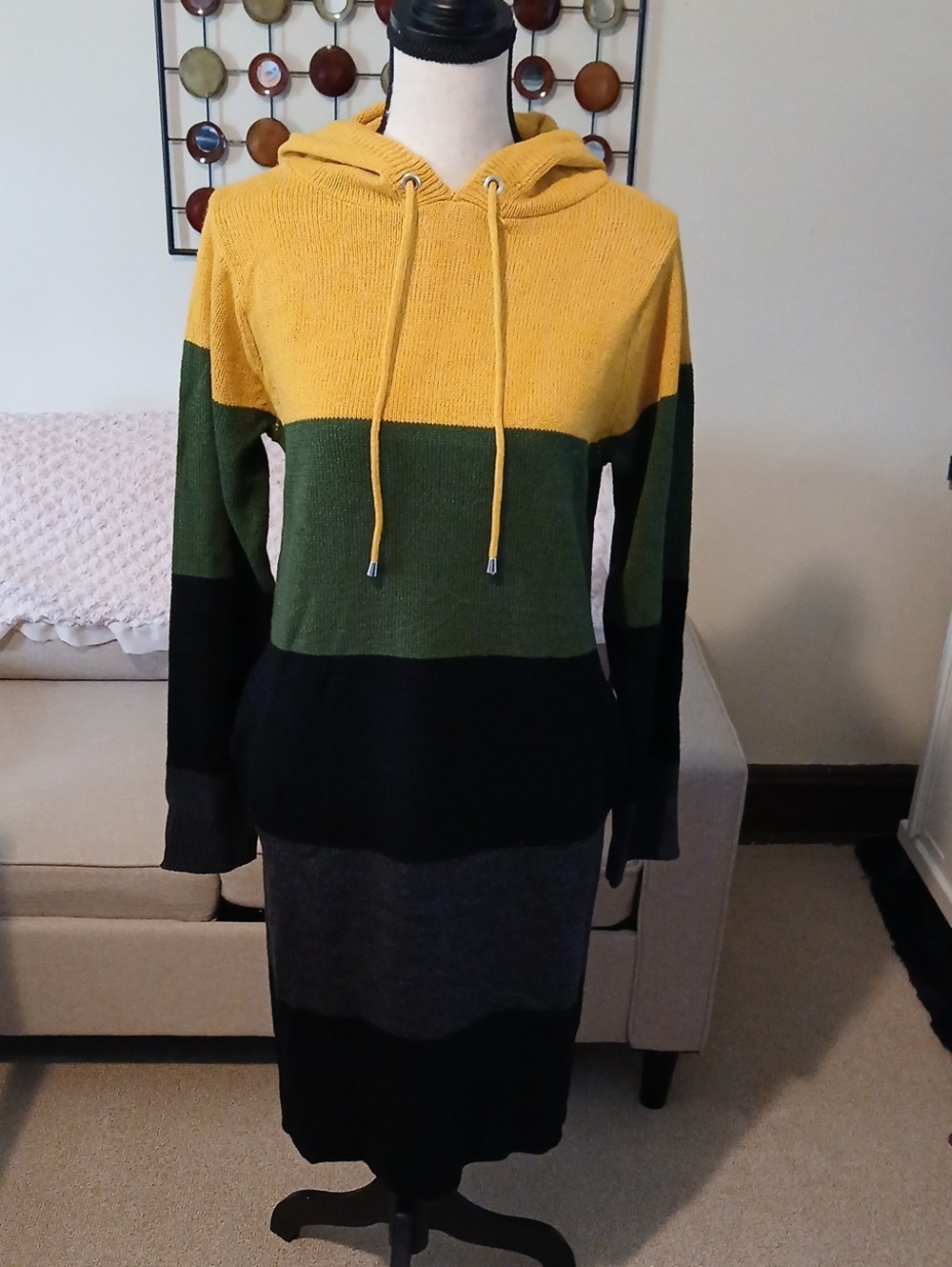 Colorblock Sweater Dress in Yellow, Green, Black, Gray With Hoodie